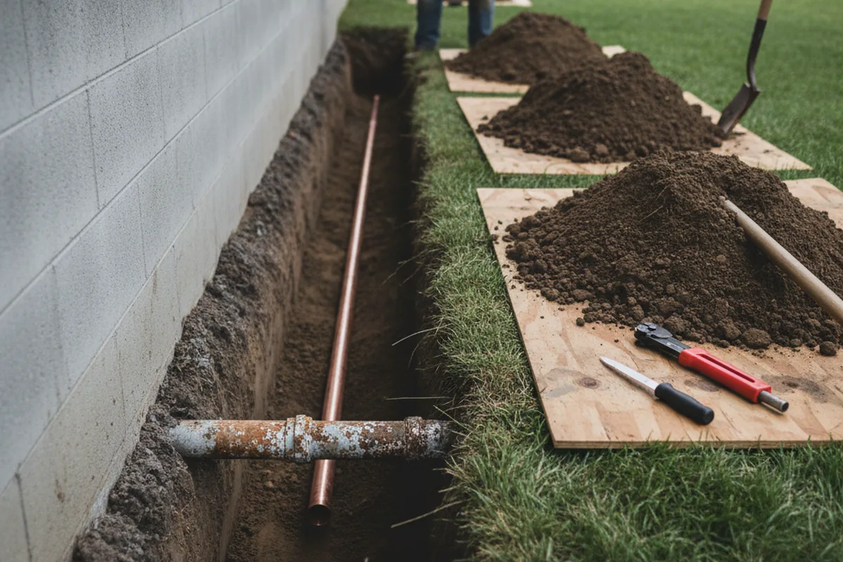 Excavated water line trench during Sewer Line Repair in Colusa